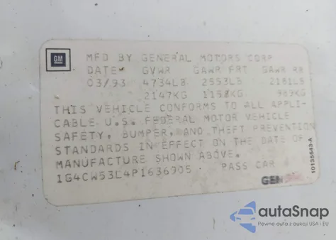 1993 Buick Park Avenue from USA, damaged, VIN 1G4CW53L4P1636905